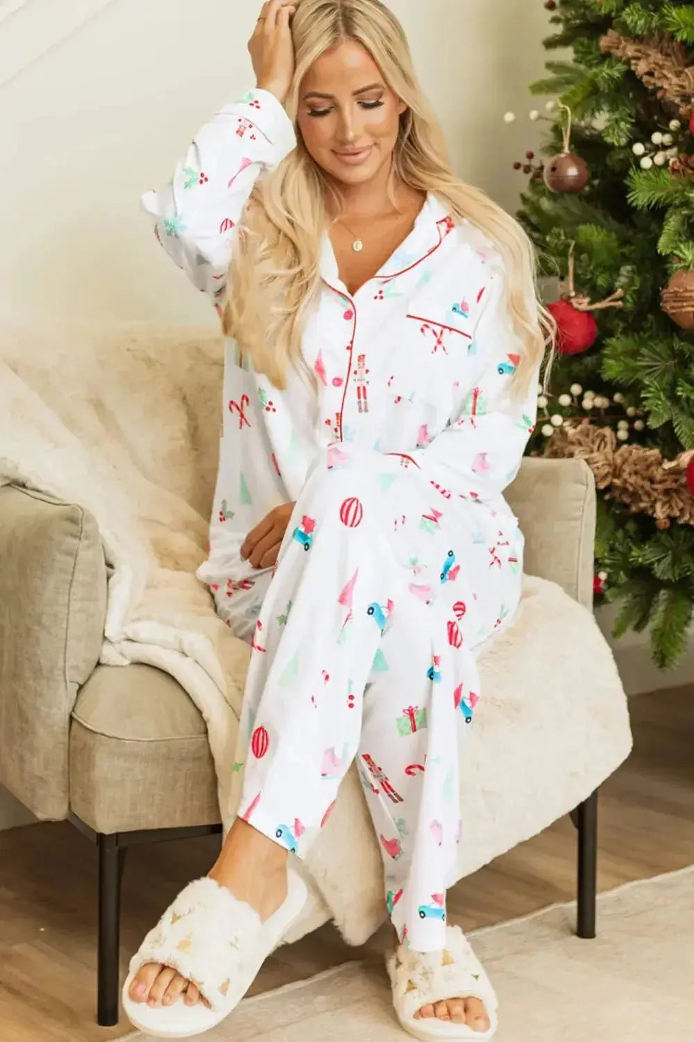 Christmas Printed Collared Neck Top and Pants Lounge Set - Plush Fashion Hub
