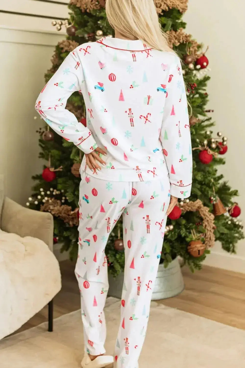 Christmas Printed Collared Neck Top and Pants Lounge Set - Plush Fashion Hub