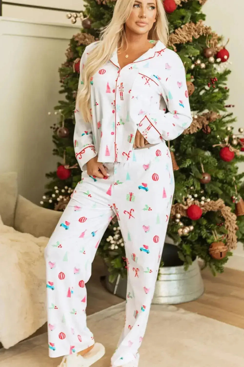 Christmas Printed Collared Neck Top and Pants Lounge Set - Plush Fashion Hub