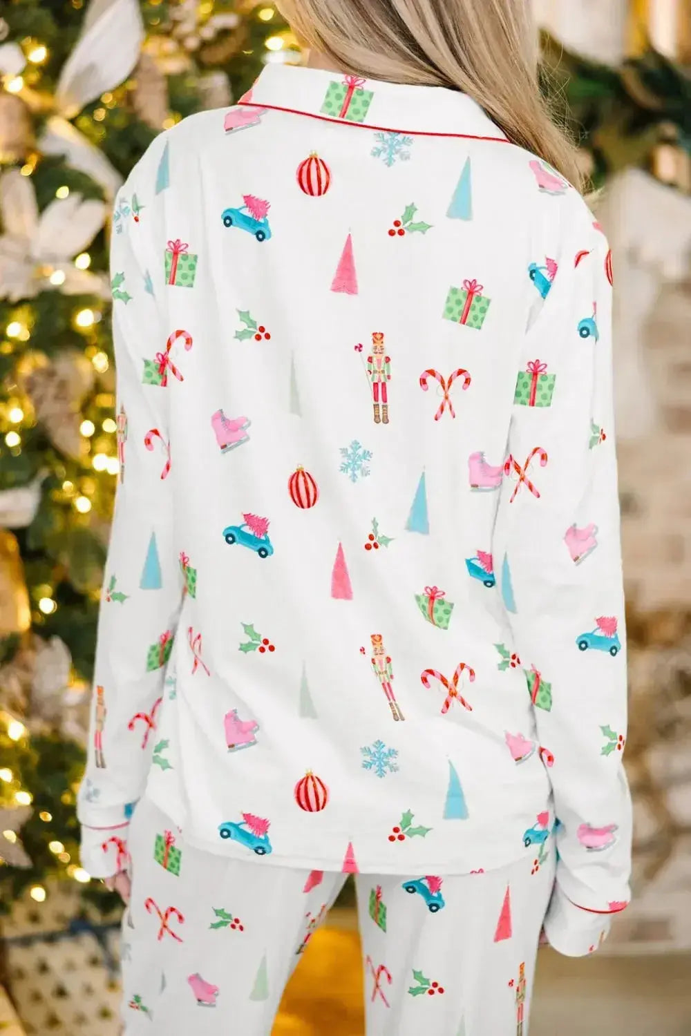 Christmas Printed Collared Neck Top and Pants Lounge Set - Plush Fashion Hub