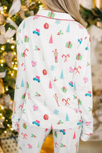 Christmas Printed Collared Neck Top and Pants Lounge Set - Plush Fashion Hub