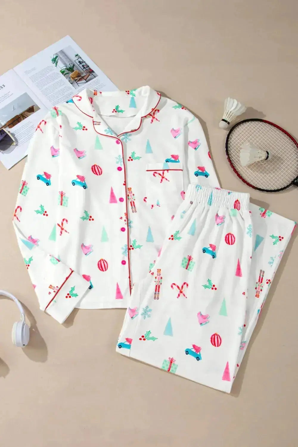 Christmas Printed Collared Neck Top and Pants Lounge Set - Plush Fashion Hub