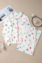 Christmas Printed Collared Neck Top and Pants Lounge Set - Plush Fashion Hub