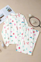 Christmas Printed Collared Neck Top and Pants Lounge Set - Plush Fashion Hub