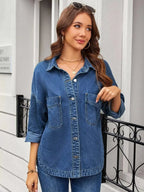Button Up Long Sleeve Denim Shirt - Plush Fashion Hub