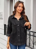 Button Up Long Sleeve Denim Shirt - Plush Fashion Hub
