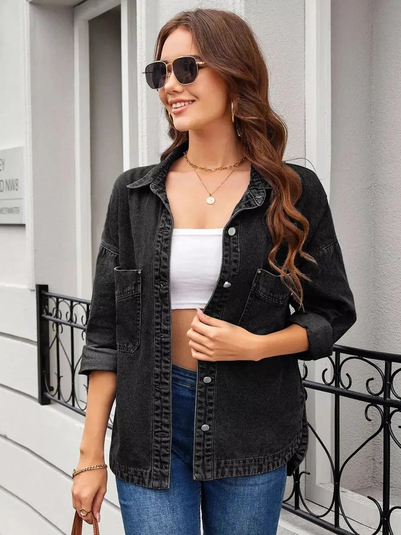 Button Up Long Sleeve Denim Shirt - Plush Fashion Hub