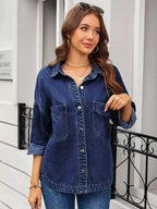 Button Up Long Sleeve Denim Shirt - Plush Fashion Hub