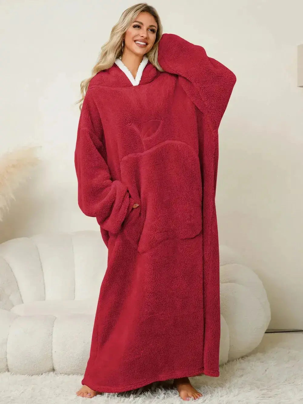 Pocketed Contrast Long Sleeve Hooded Lounge Dress - Plush Fashion Hub