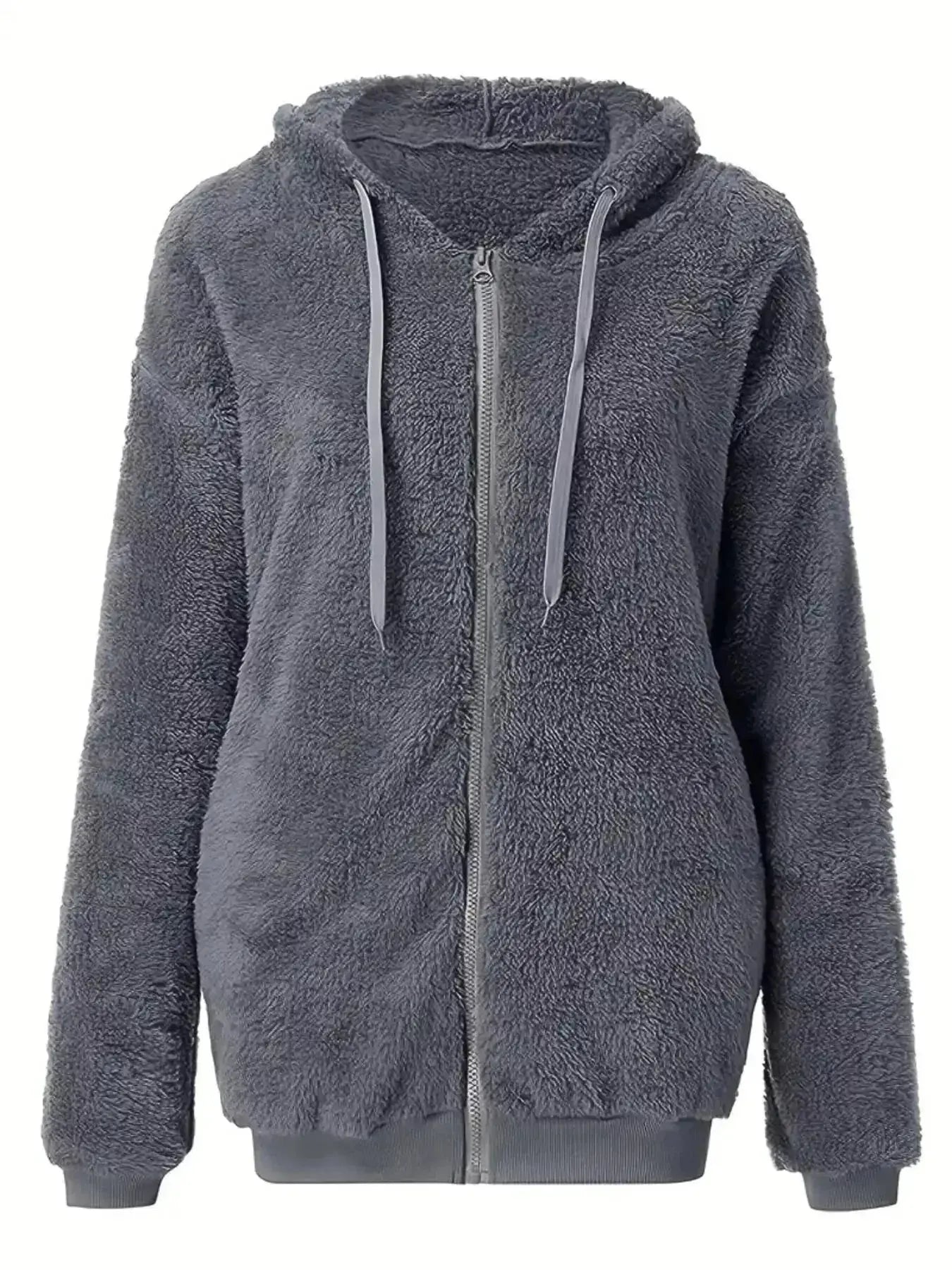Fleece Zip-Up Drawstring Outerwear - Plush Fashion Hub