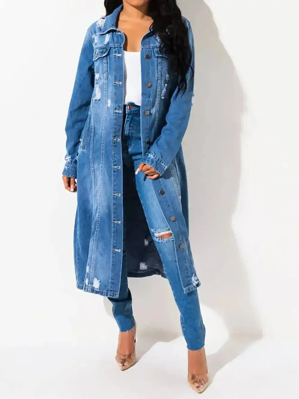 Long Sleeve Raw Hem Denim Jacket - Plush Fashion Hub