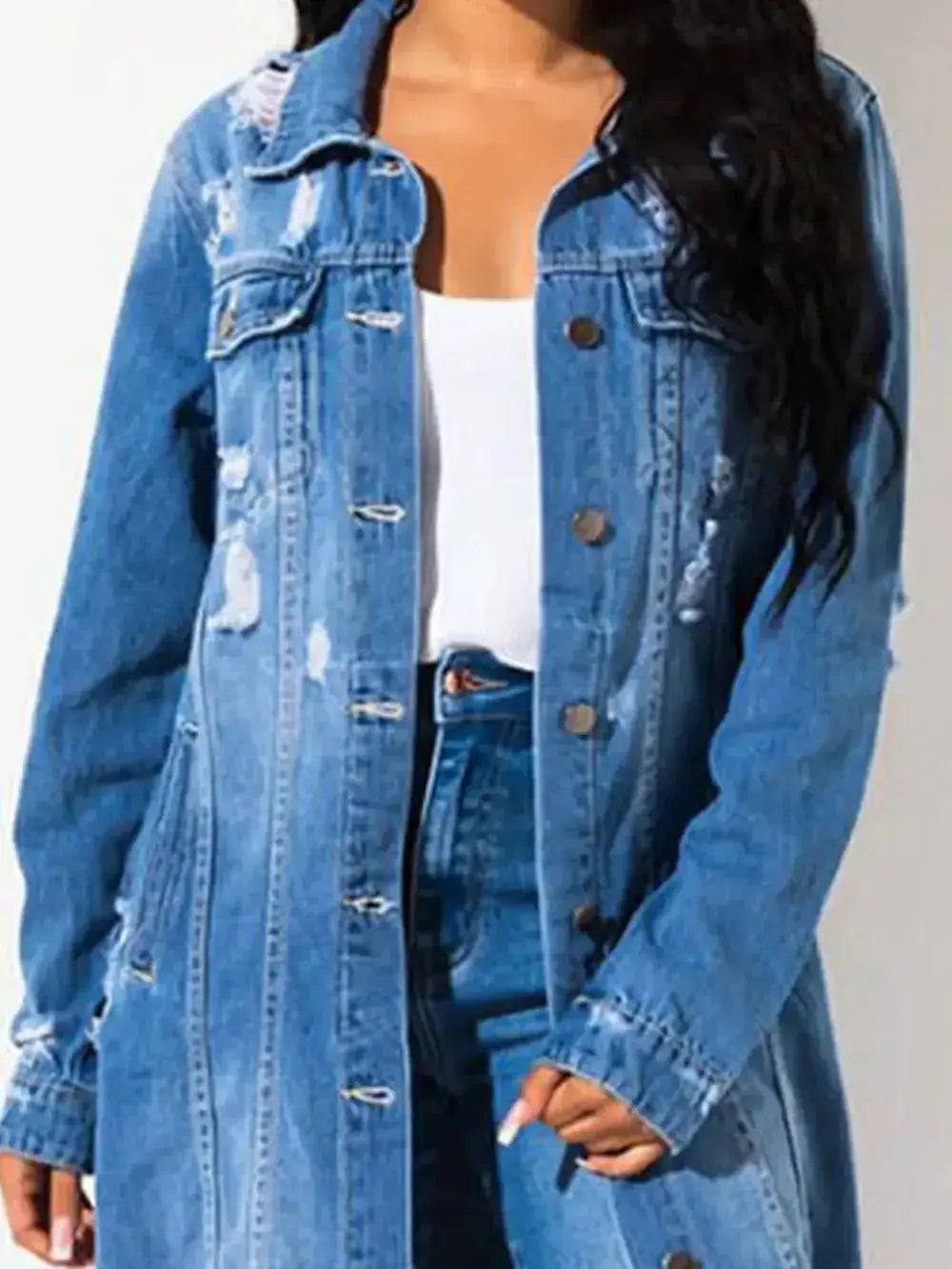 Long Sleeve Raw Hem Denim Jacket - Plush Fashion Hub