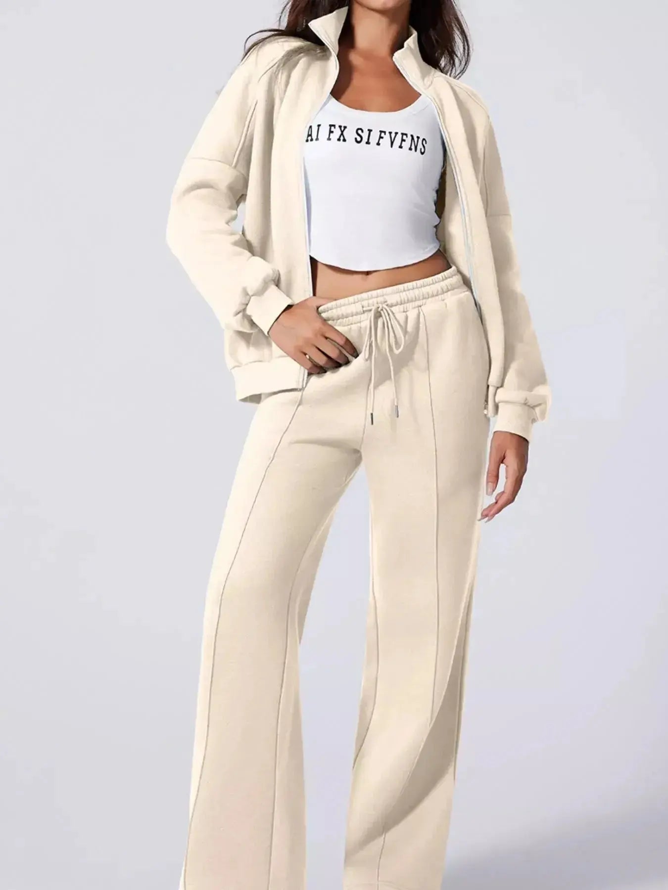 Drop Shoulder Zip Up Jacket and Drawstring Pants Active 2pcs Set - Plush Fashion Hub