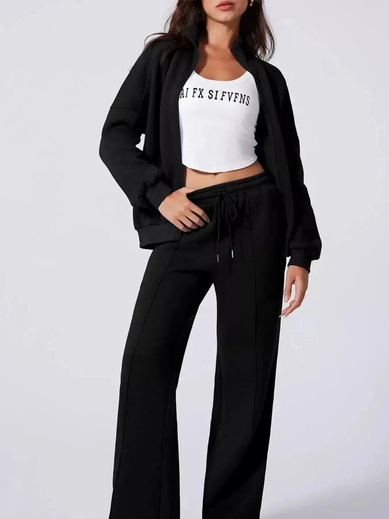 Drop Shoulder Zip Up Jacket and Drawstring Pants Active 2pcs Set - Plush Fashion Hub