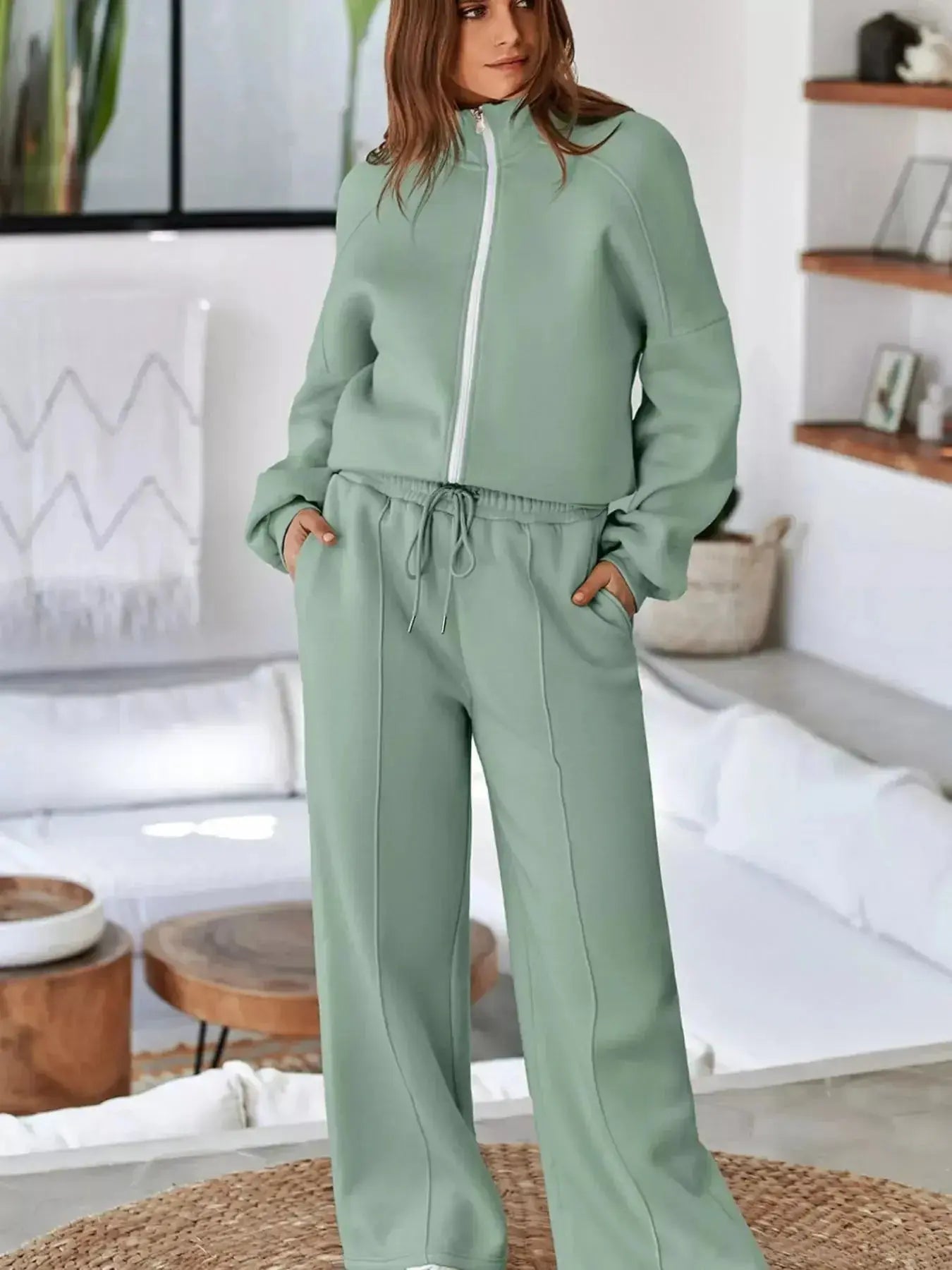 Drop Shoulder Zip Up Jacket and Drawstring Pants Active 2pcs Set - Plush Fashion Hub
