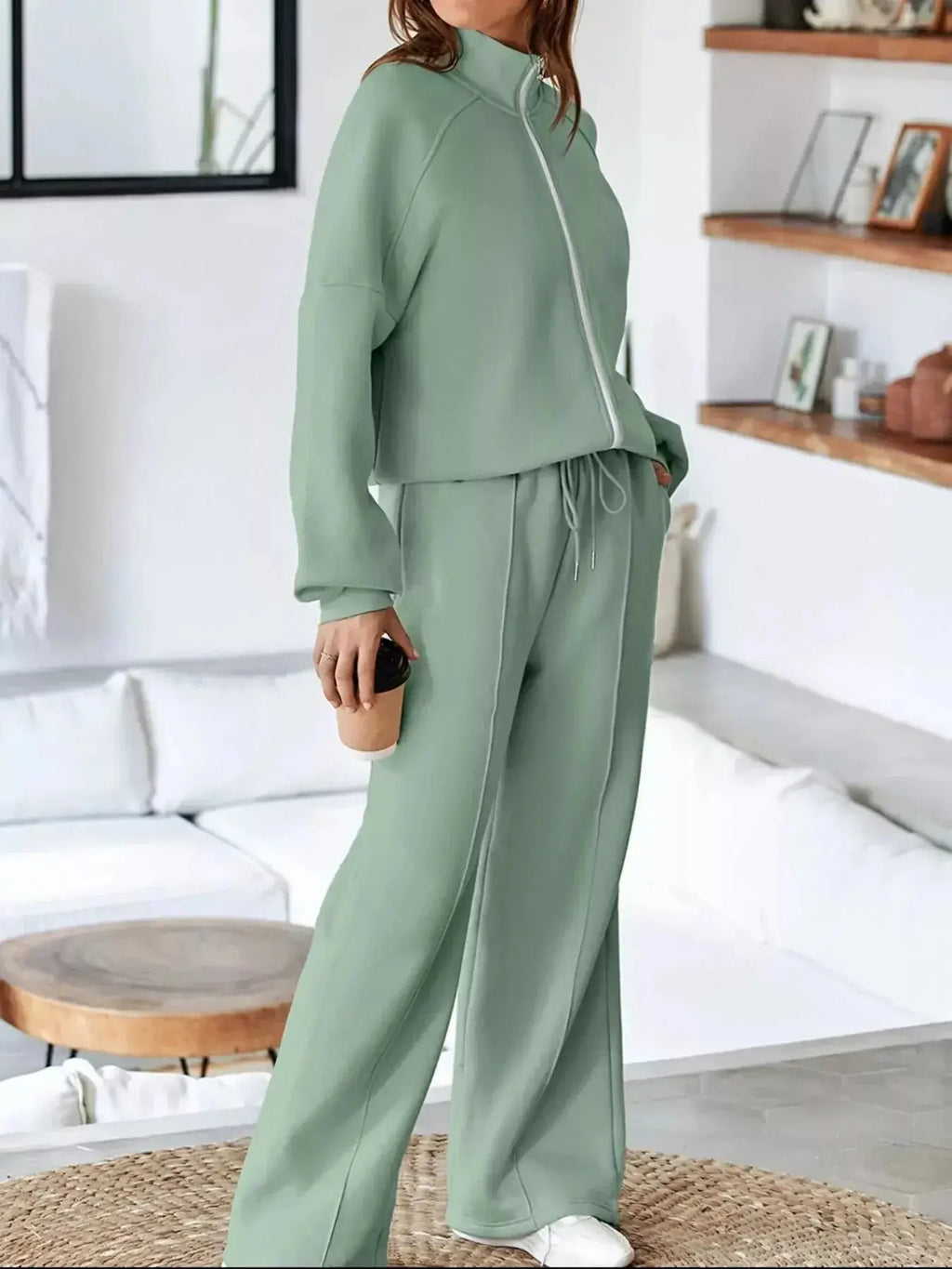 Drop Shoulder Zip Up Jacket and Drawstring Pants Active 2pcs Set - Plush Fashion Hub