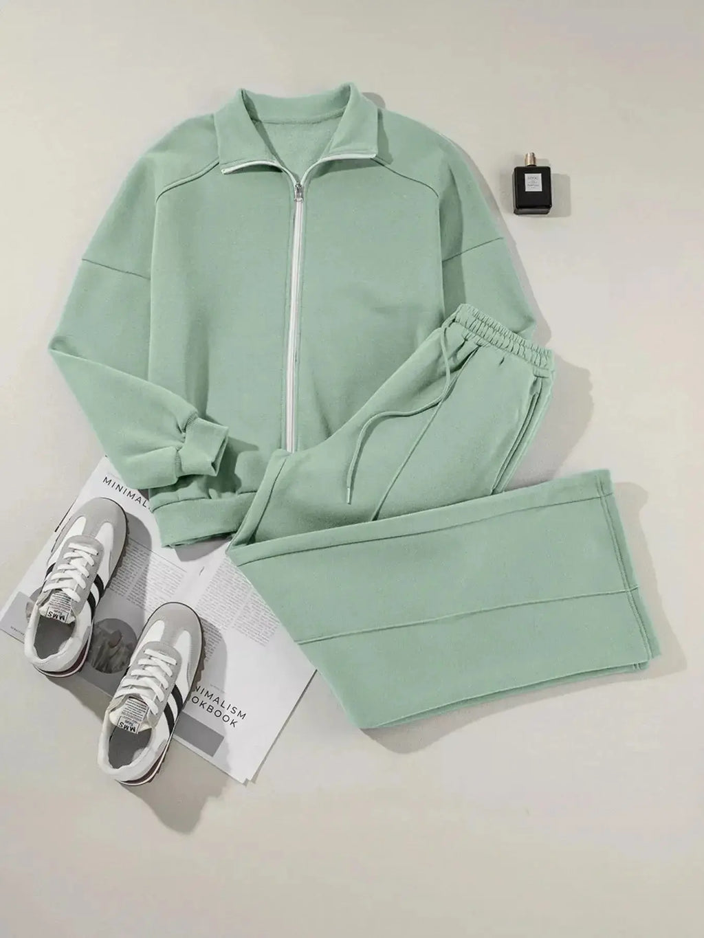 Drop Shoulder Zip Up Jacket and Drawstring Pants Active 2pcs Set - Plush Fashion Hub