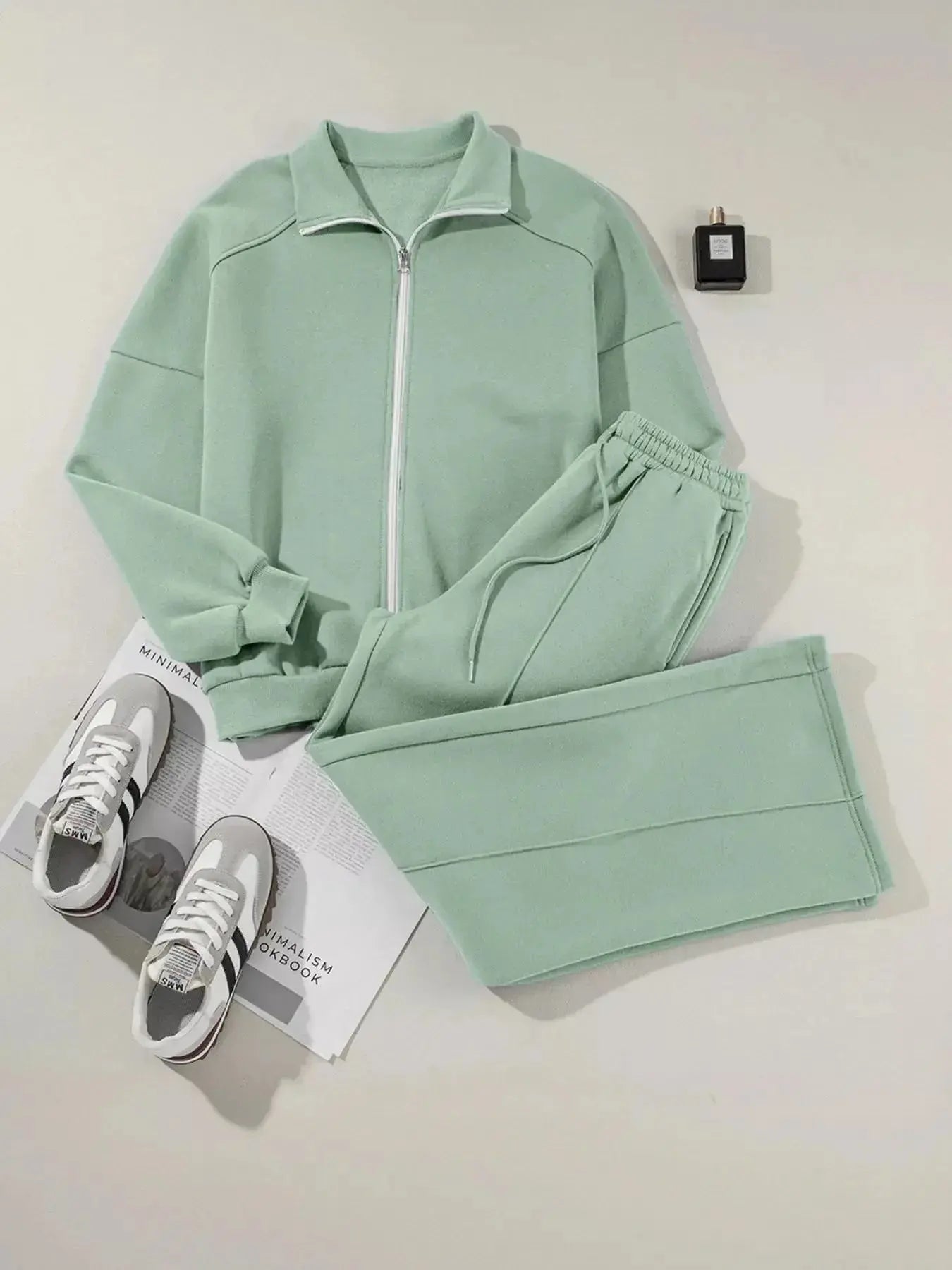 Drop Shoulder Zip Up Jacket and Drawstring Pants Active 2pcs Set - Plush Fashion Hub