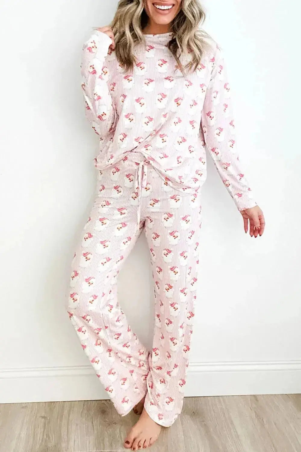 Santa Print Long Sleeve Top and Pants Lounge Set - Plush Fashion Hub