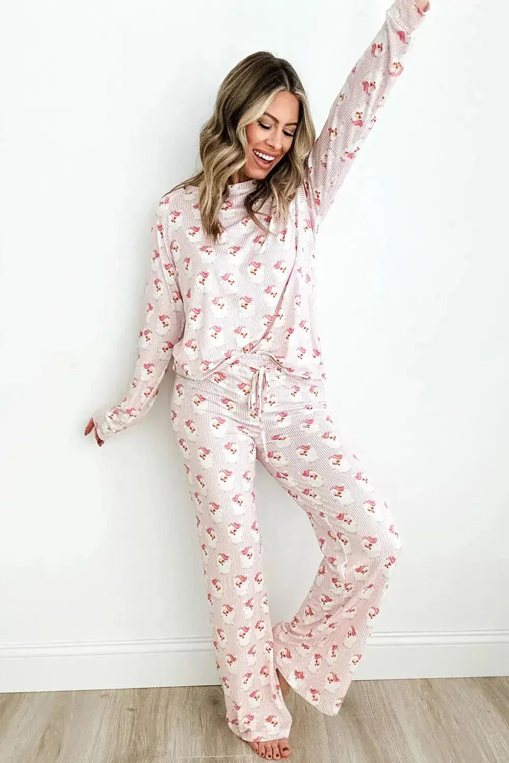 Santa Print Long Sleeve Top and Pants Lounge Set - Plush Fashion Hub