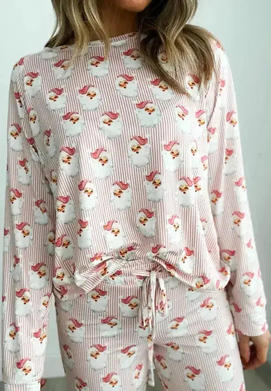Santa Print Long Sleeve Top and Pants Lounge Set - Plush Fashion Hub