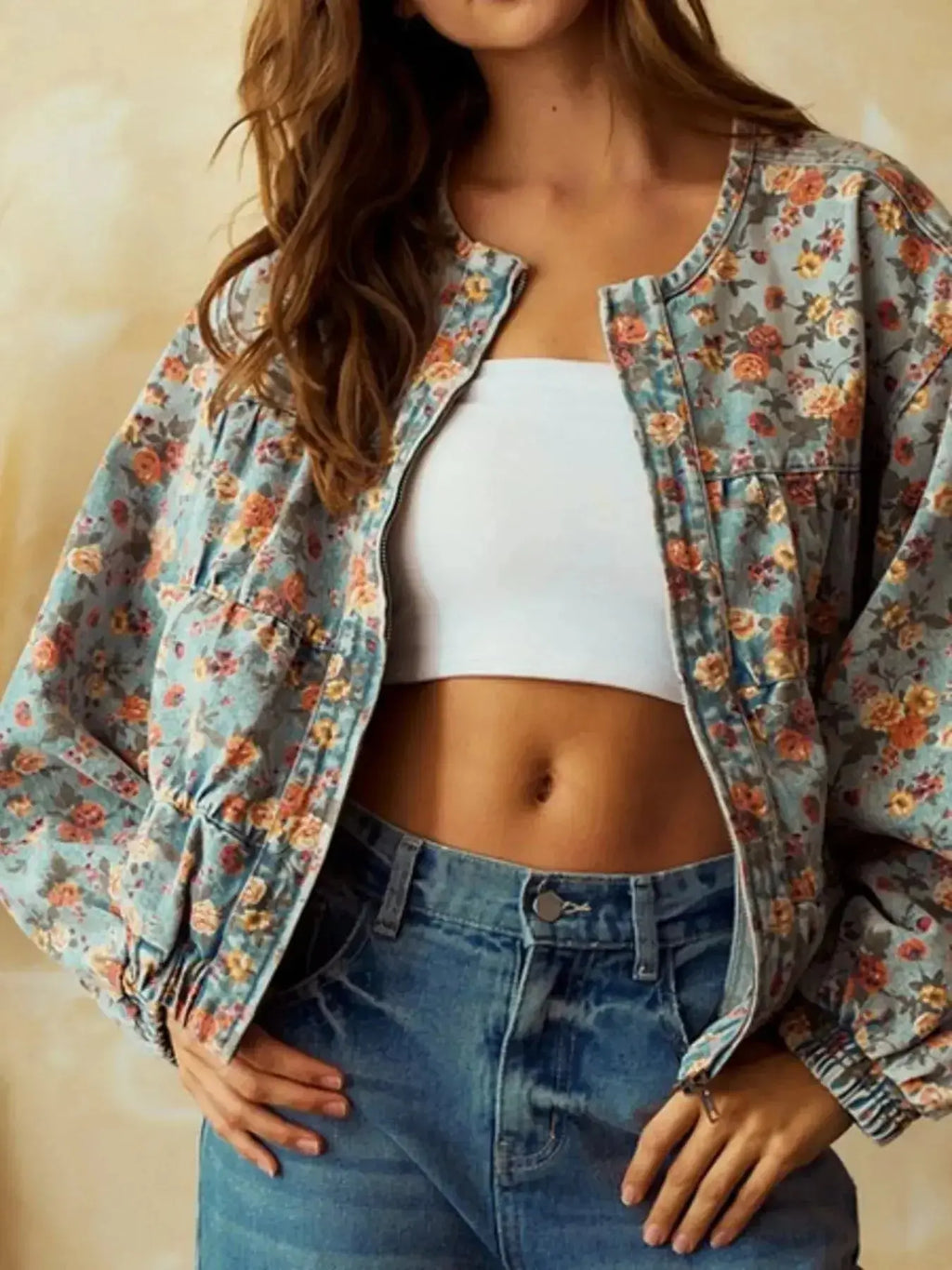 Floral Print Zip Up Cropped Denim Jacket - Plush Fashion Hub