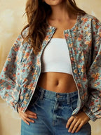 Floral Print Zip Up Cropped Denim Jacket - Plush Fashion Hub