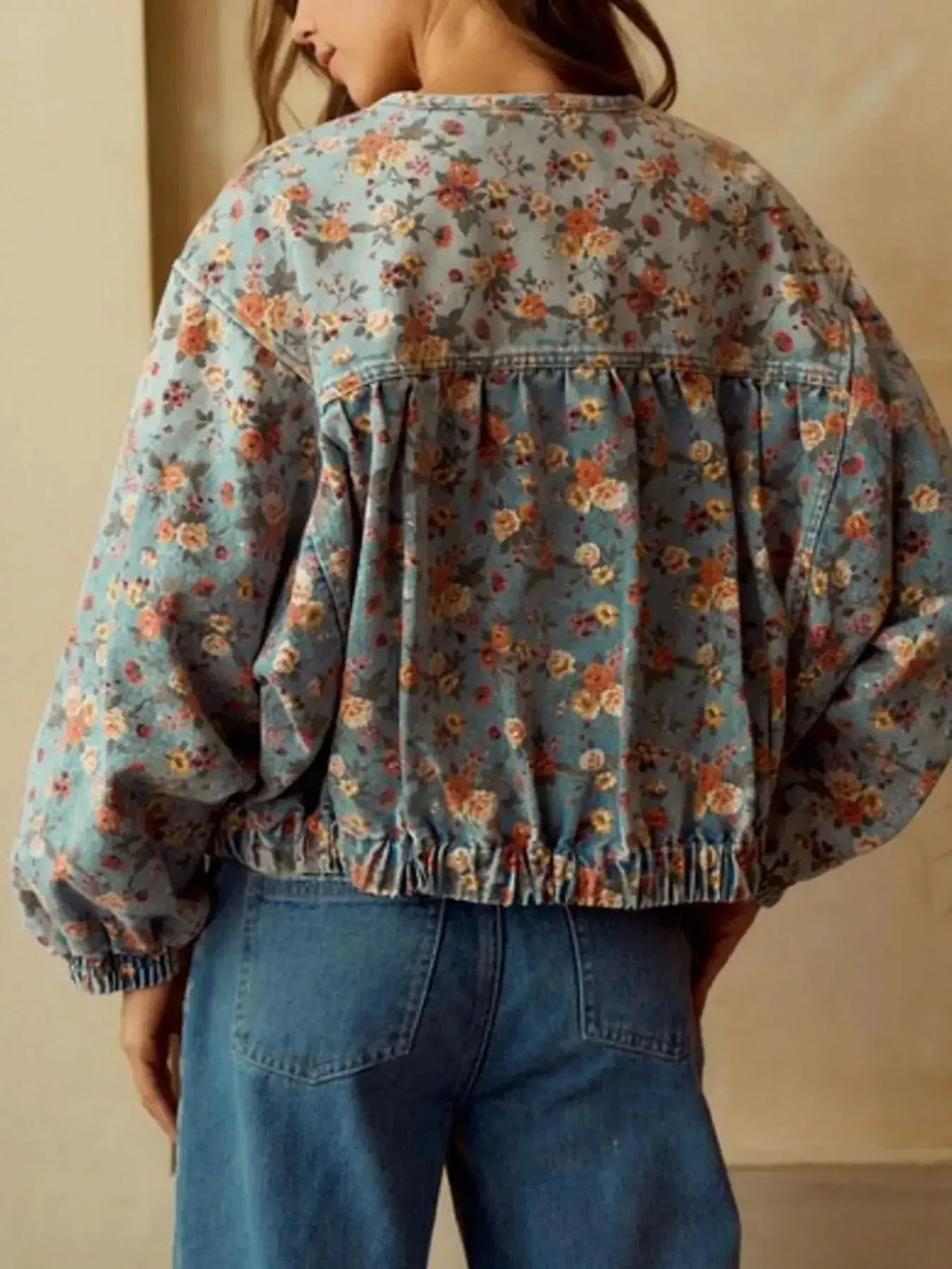 Floral Print Zip Up Cropped Denim Jacket - Plush Fashion Hub