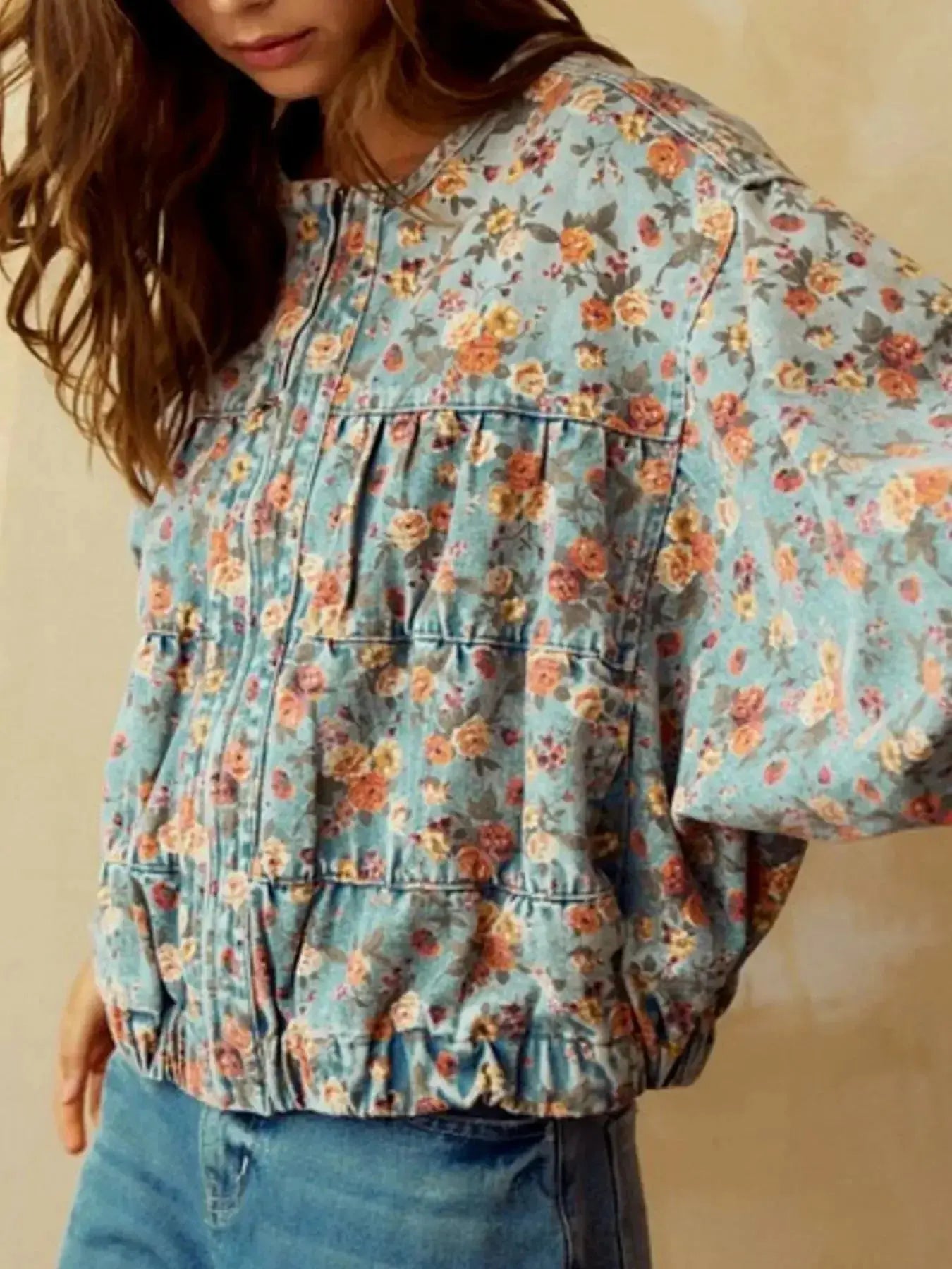 Floral Print Zip Up Cropped Denim Jacket - Plush Fashion Hub