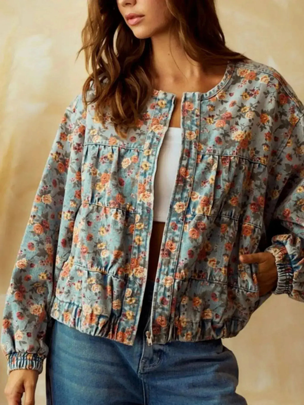 Floral Print Zip Up Cropped Denim Jacket - Plush Fashion Hub