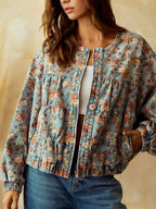 Floral Print Zip Up Cropped Denim Jacket - Plush Fashion Hub