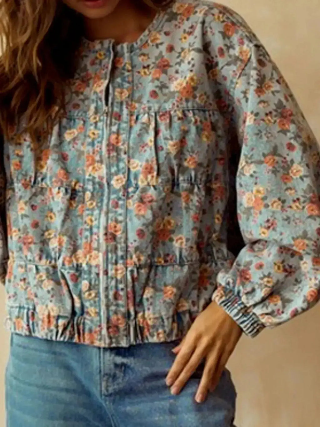 Floral Print Zip Up Cropped Denim Jacket - Plush Fashion Hub