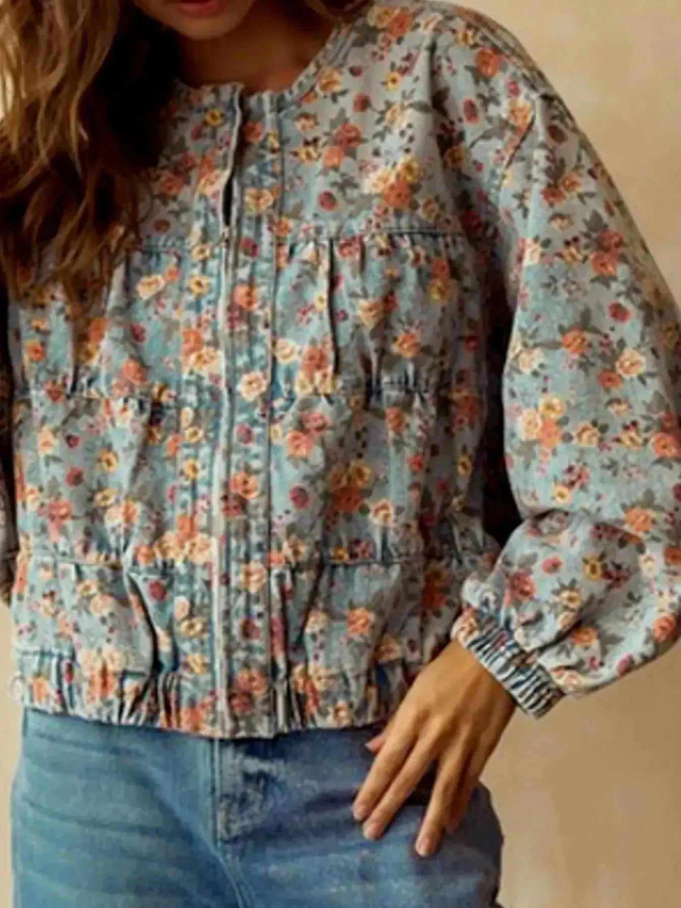 Floral Print Zip Up Cropped Denim Jacket - Plush Fashion Hub