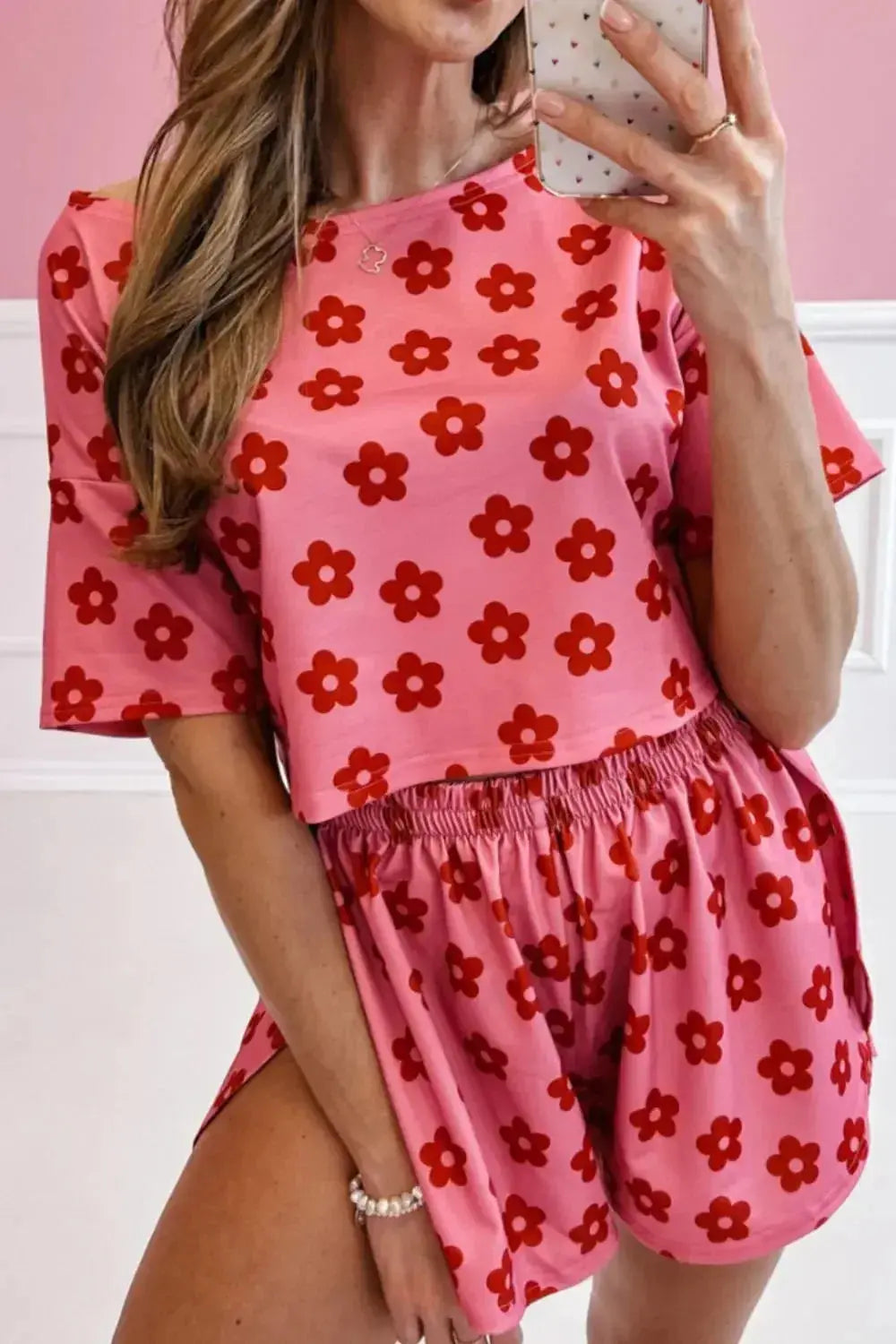 Floral Cropped Tee and Shorts Lounge Set - Plush Fashion Hub