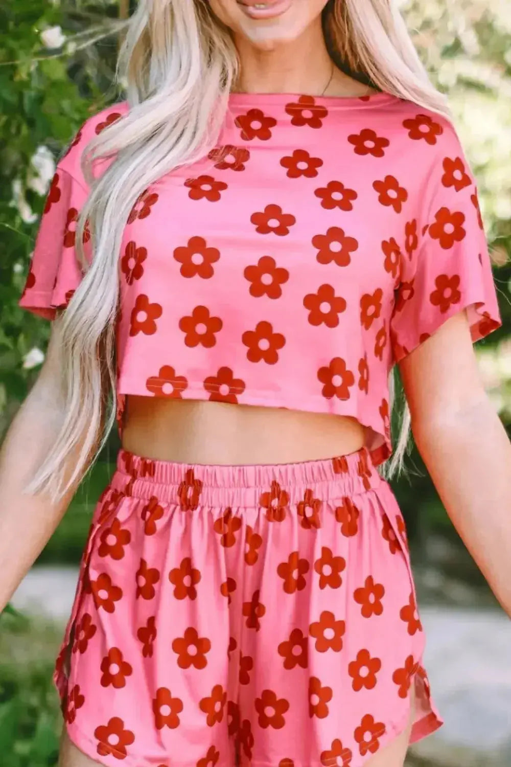 Floral Cropped Tee and Shorts Lounge Set - Plush Fashion Hub
