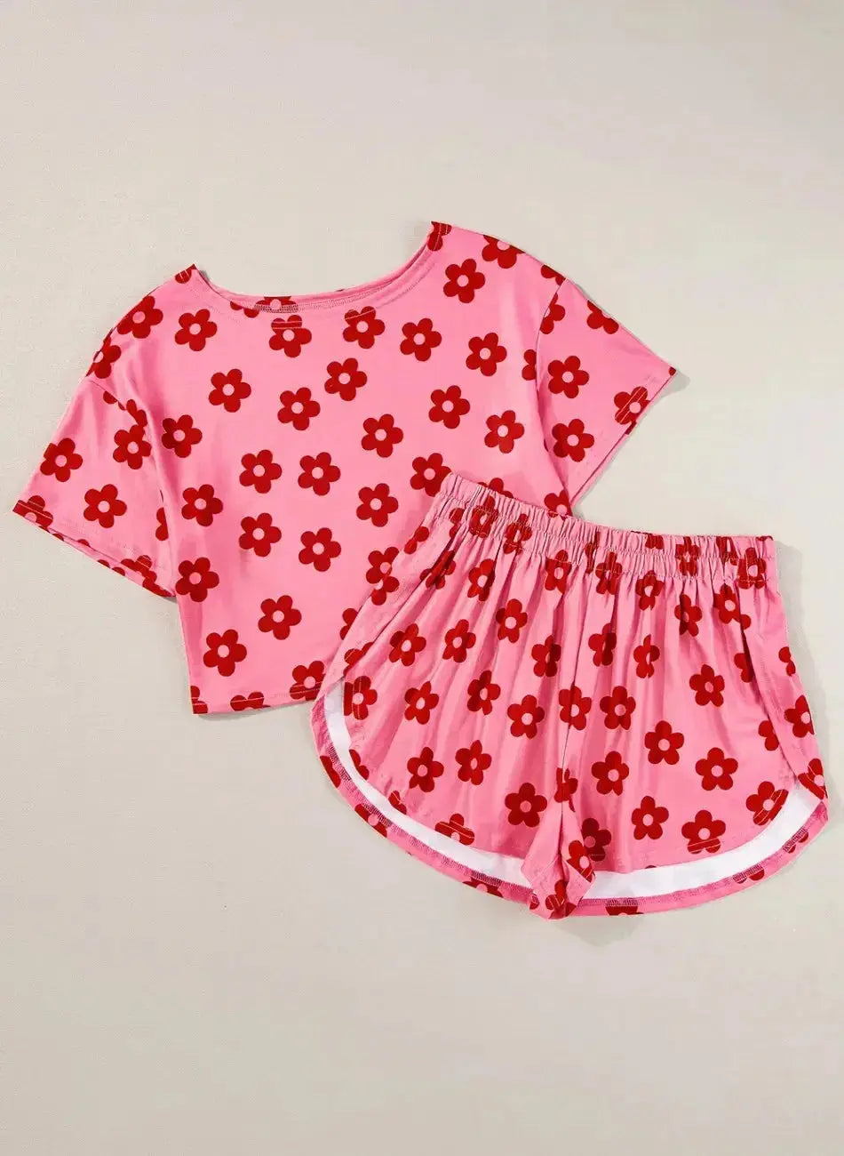 Floral Cropped Tee and Shorts Lounge Set - Plush Fashion Hub