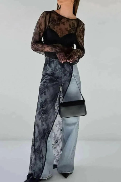 Fringe Round Neck Long Sleeve Lace Sheer Top - Plush Fashion Hub