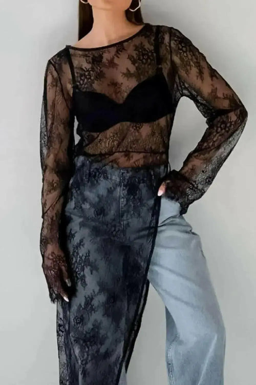 Fringe Round Neck Long Sleeve Lace Sheer Top - Plush Fashion Hub