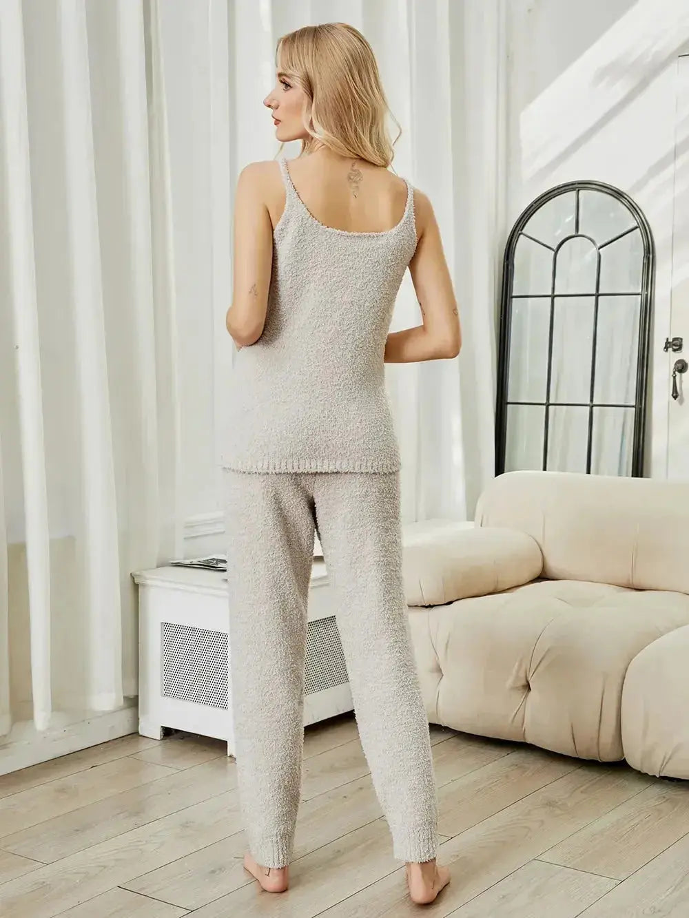 Fuzzy V-Neck Cami and Pants Lounge Set - Plush Fashion Hub