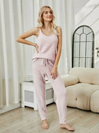 Fuzzy V-Neck Cami and Pants Lounge Set - Plush Fashion Hub
