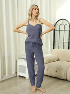 Fuzzy V-Neck Cami and Pants Lounge Set - Plush Fashion Hub