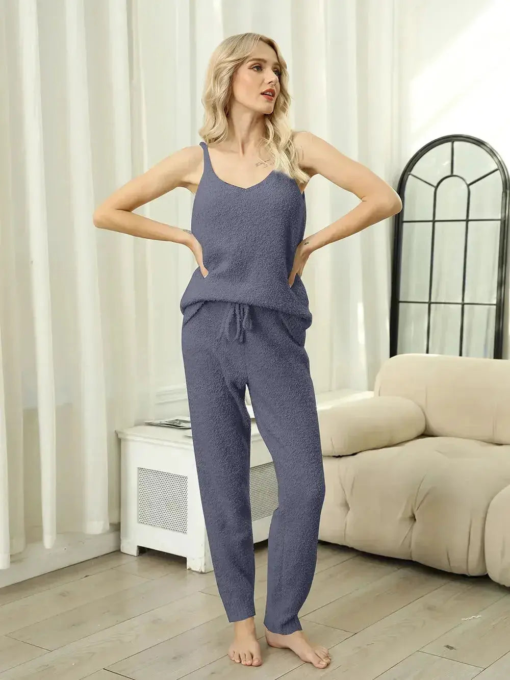 Fuzzy V-Neck Cami and Pants Lounge Set - Plush Fashion Hub