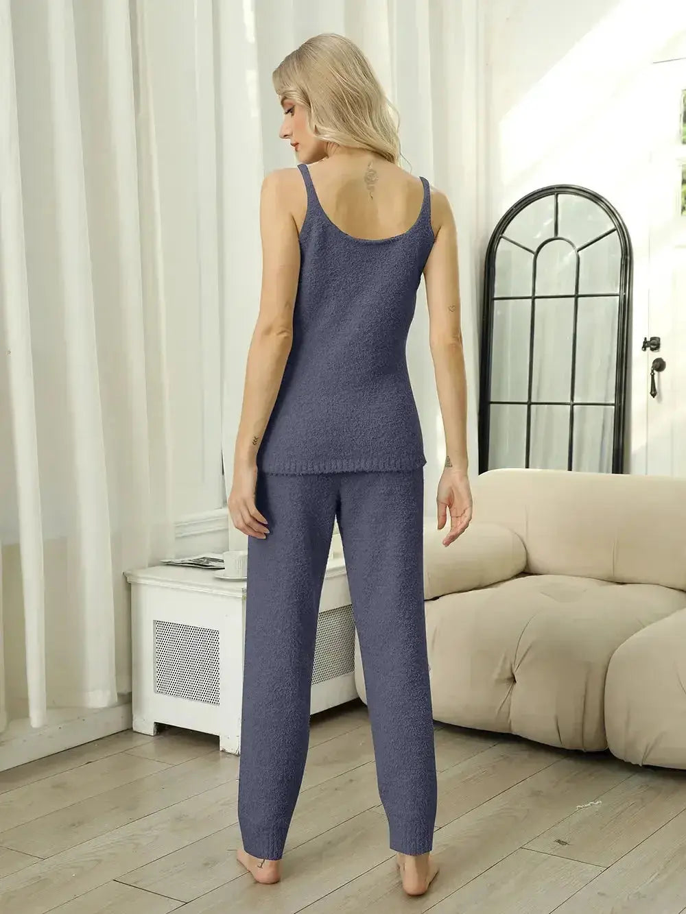 Fuzzy V-Neck Cami and Pants Lounge Set - Plush Fashion Hub