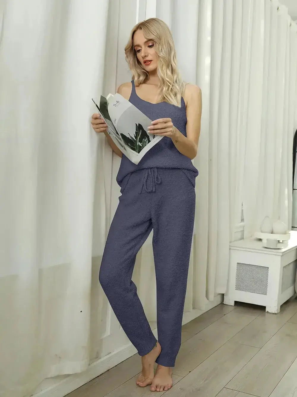 Fuzzy V-Neck Cami and Pants Lounge Set - Plush Fashion Hub