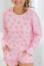 Heart Print Long Sleeve Top and Shorts Lounge Set - Plush Fashion Hub