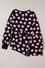 Heart Print Long Sleeve Top and Shorts Lounge Set - Plush Fashion Hub