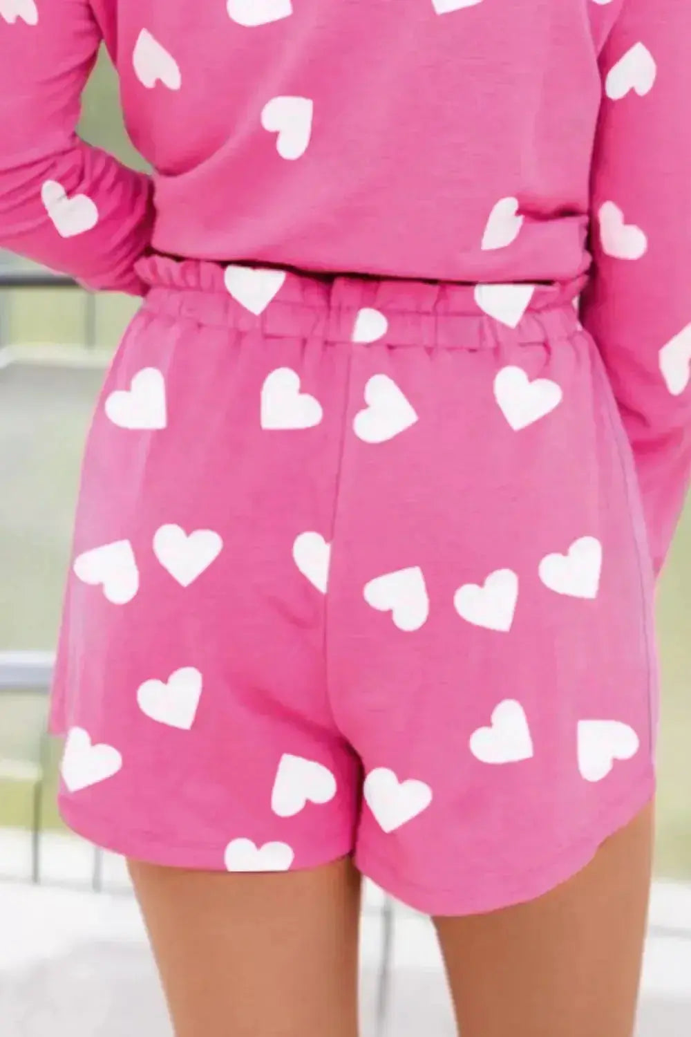 Heart Round Neck Long Sleeve Top and Elastic Waist Shorts Set - Plush Fashion Hub