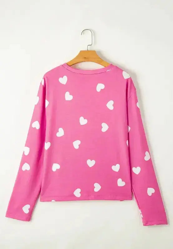 Heart Round Neck Long Sleeve Top and Elastic Waist Shorts Set - Plush Fashion Hub