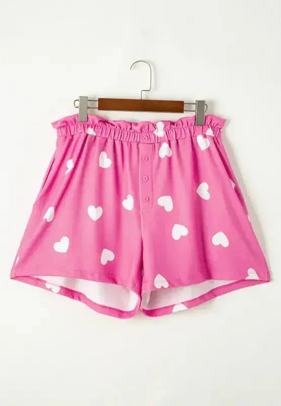 Heart Round Neck Long Sleeve Top and Elastic Waist Shorts Set - Plush Fashion Hub