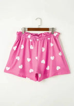 Heart Round Neck Long Sleeve Top and Elastic Waist Shorts Set - Plush Fashion Hub